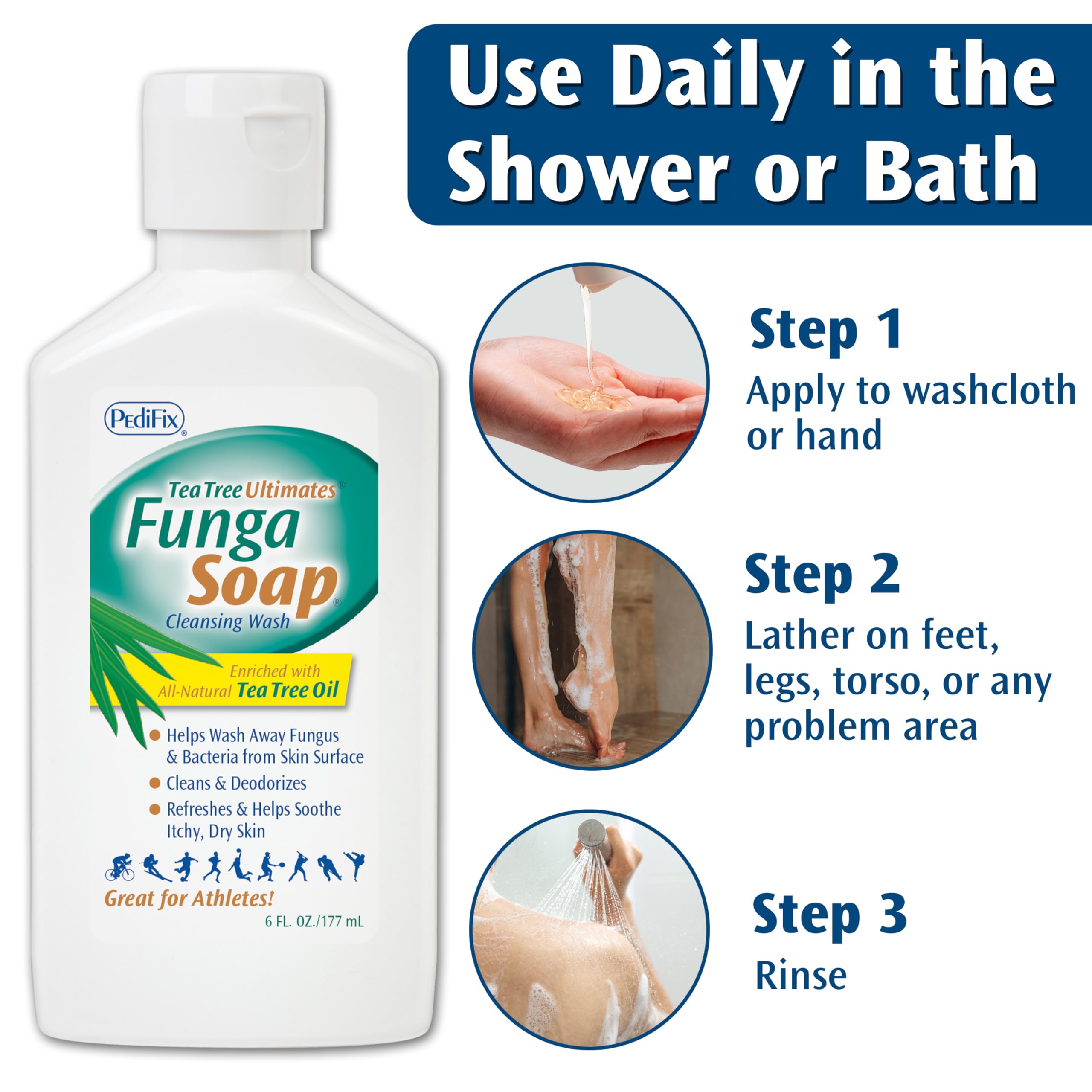 Pedifix FungaSoap lather image shows refreshing cleanse after workouts.