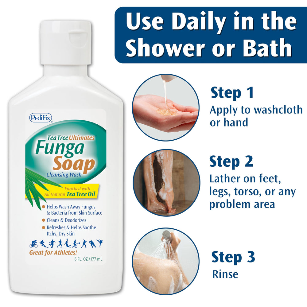 Pedifix FungaSoap lather image shows refreshing cleanse after workouts.