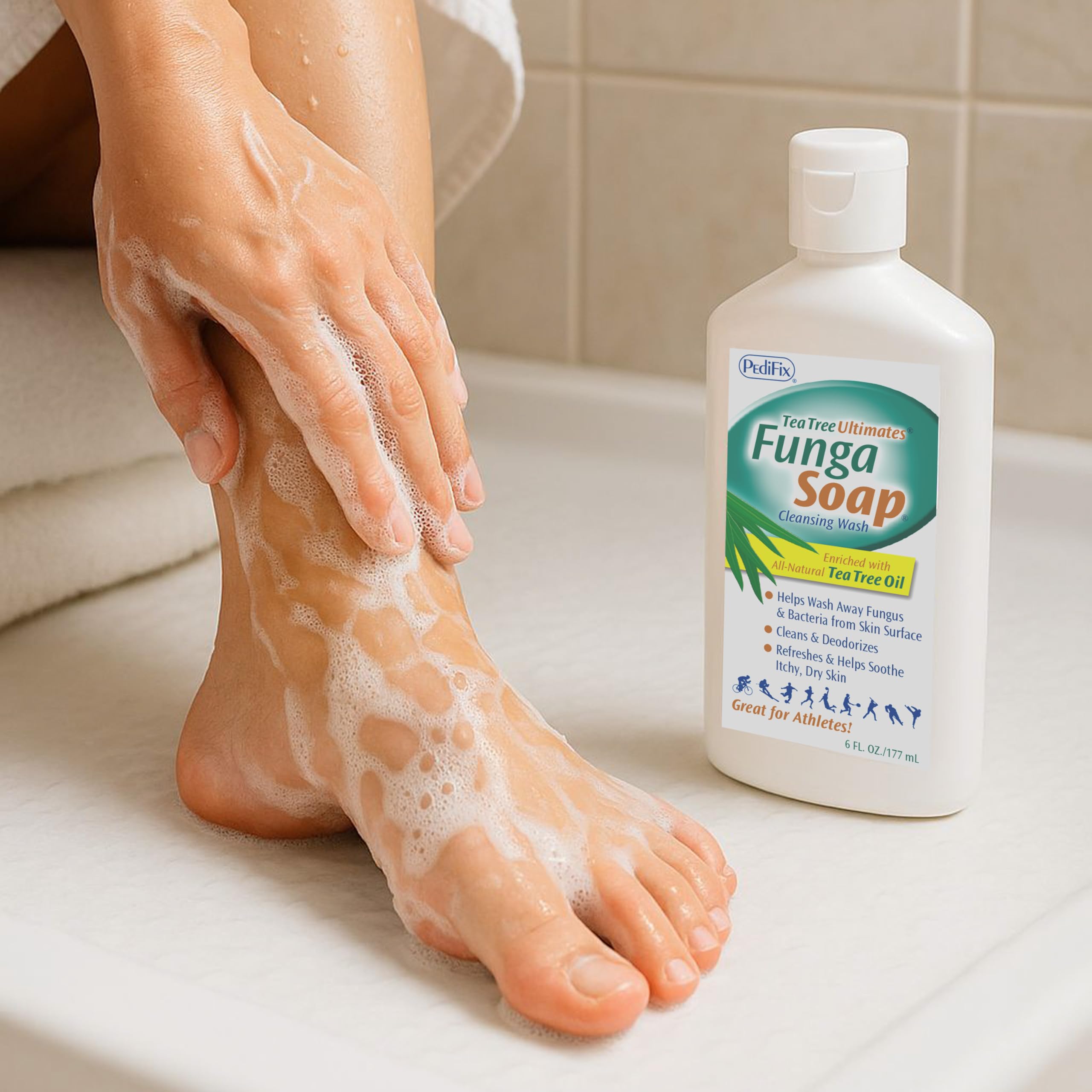 Pedifix FungaSoap tea tree oil drop highlights natural ingredients for everyday use.
