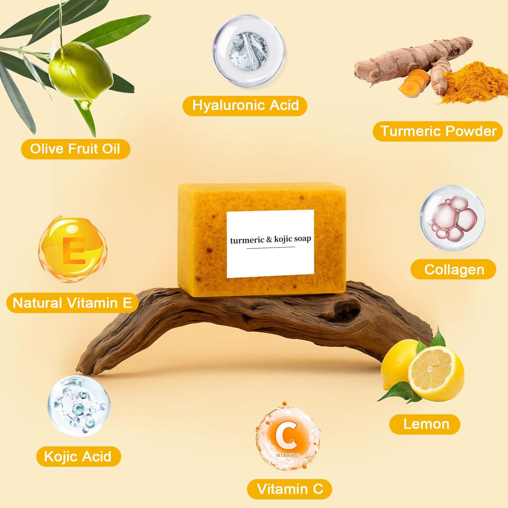 Peehss turmeric soap ingredients closeup with lemon and kojic for brightening potential