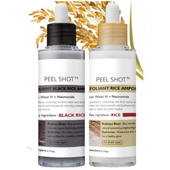 Peel Shot Glow Rice Ampoule Duo bottle close-up showing dual-action exfoliation for radiant skin