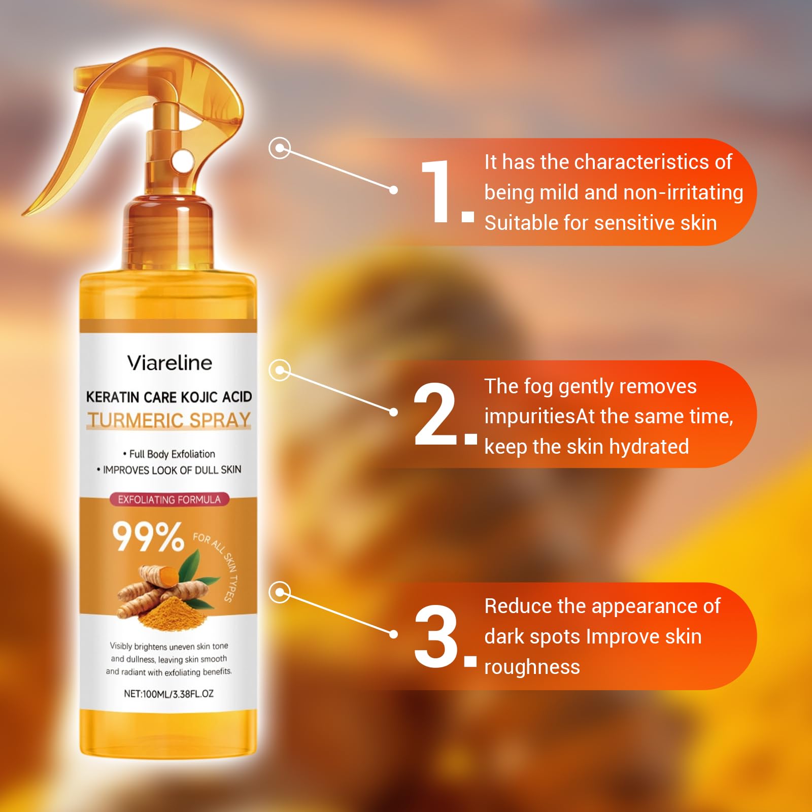 Label closeup highlights kojic and turmeric ingredients for even tone.