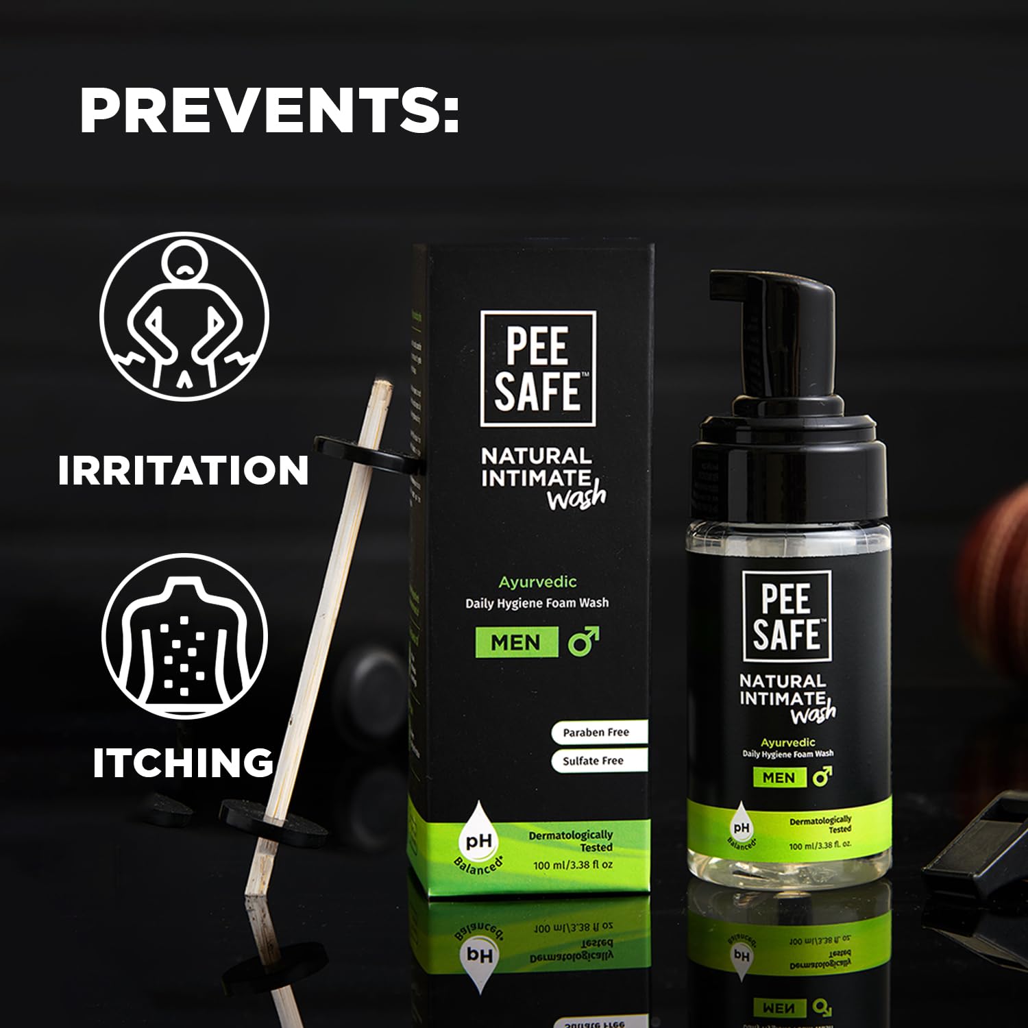 Pee Safe Mens Intimate Wash pump dispense delivers easy, hygienic application.