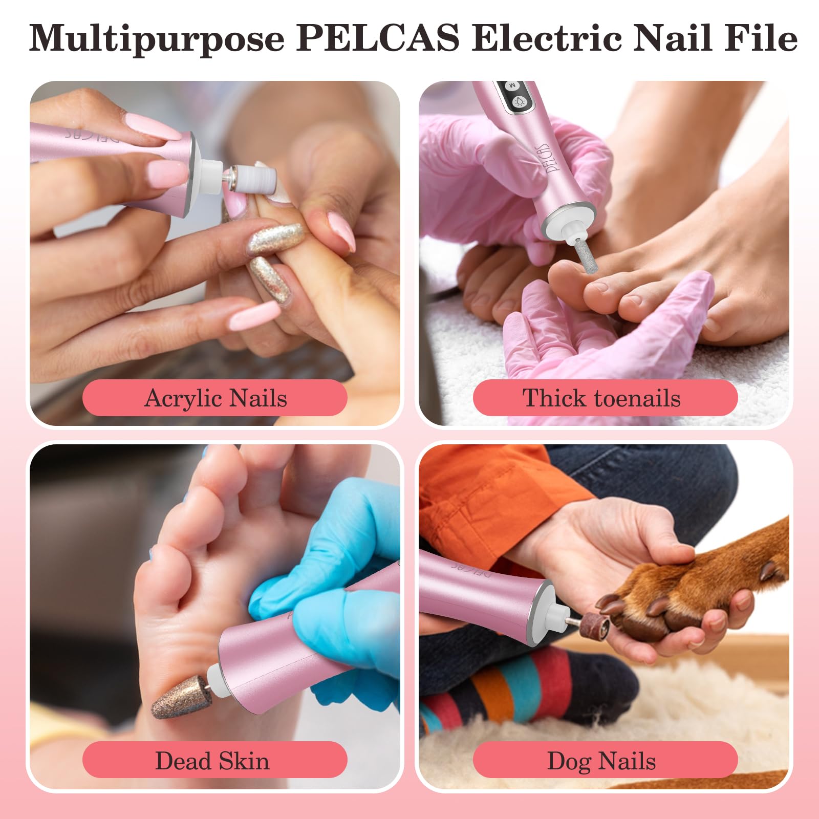 PELCAS cordless nail file compact size ideal for travel and home use.