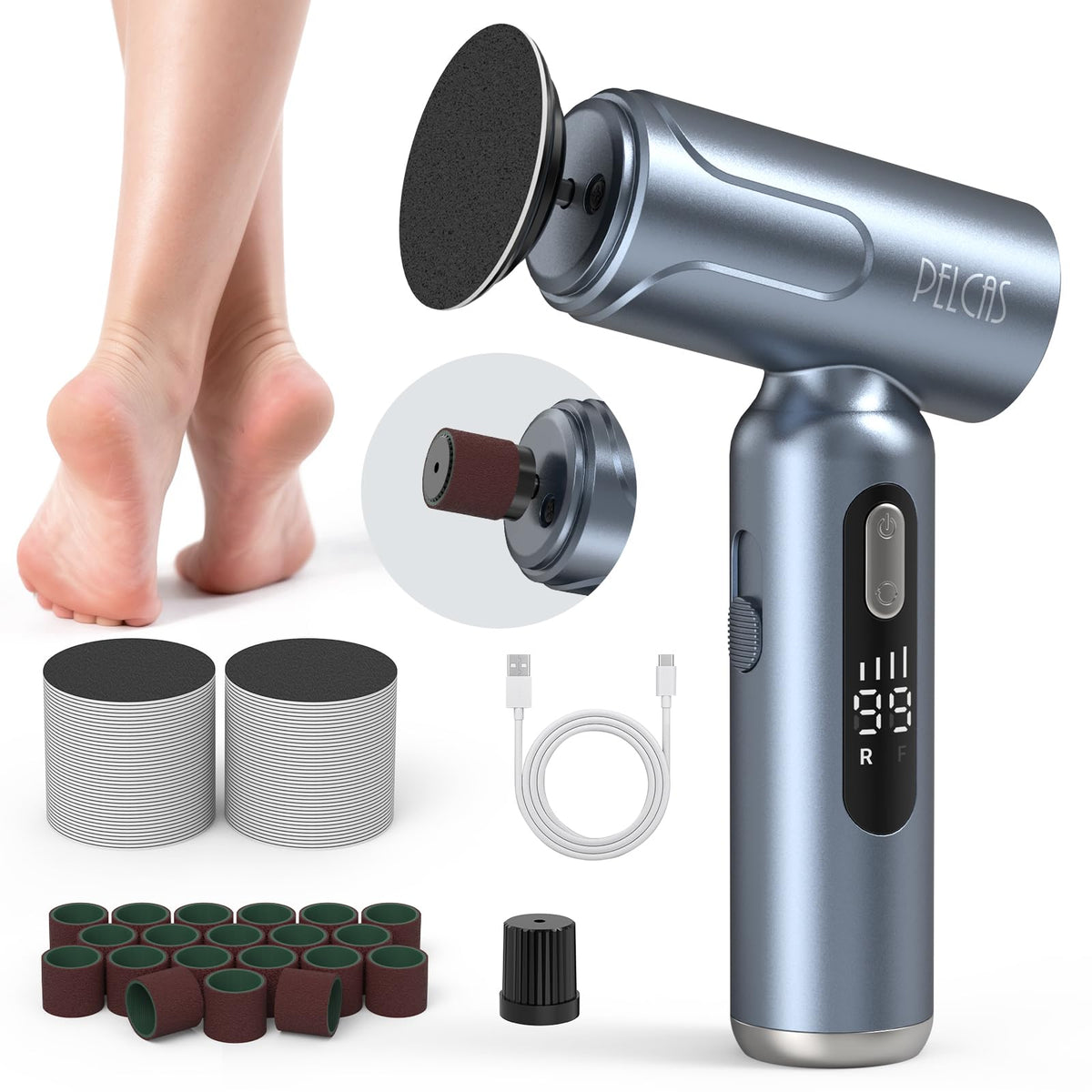 PELCAS electric foot file with LED screen for precise foot care