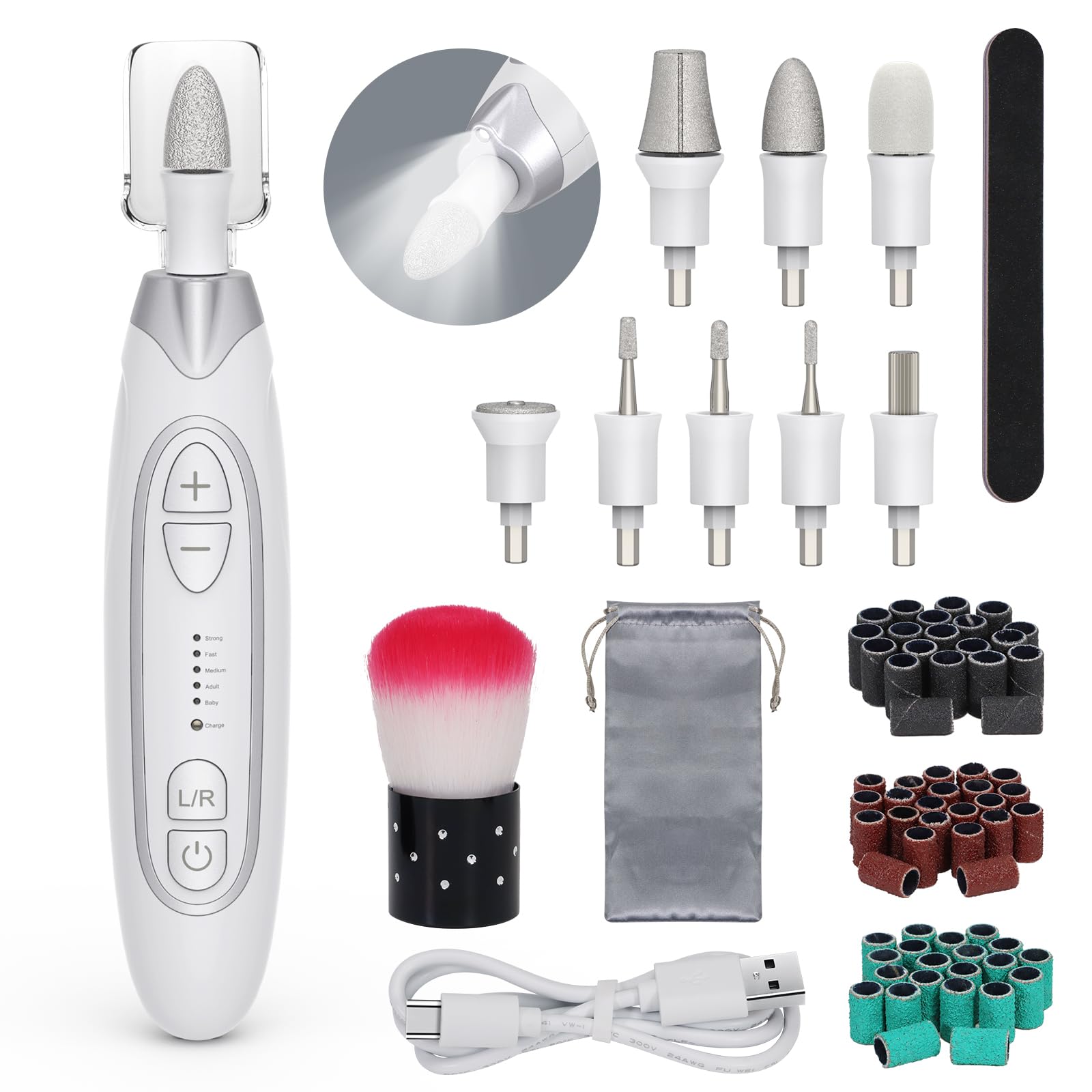 PEL CAS electric nail file with LED light close-up for precise at-home manicure.