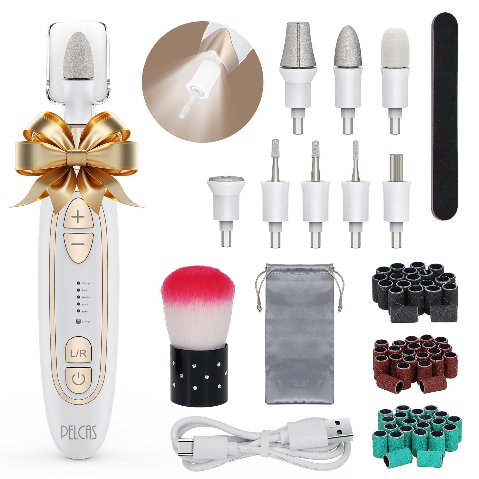 Pelcas electric toenail grinder with LED light enables precise, comfortable grooming.