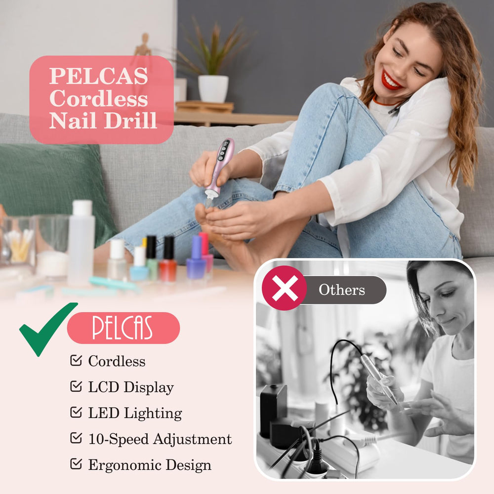 PELCAS ergonomic pen-shaped nail drill fits comfortably in hand for extended use.