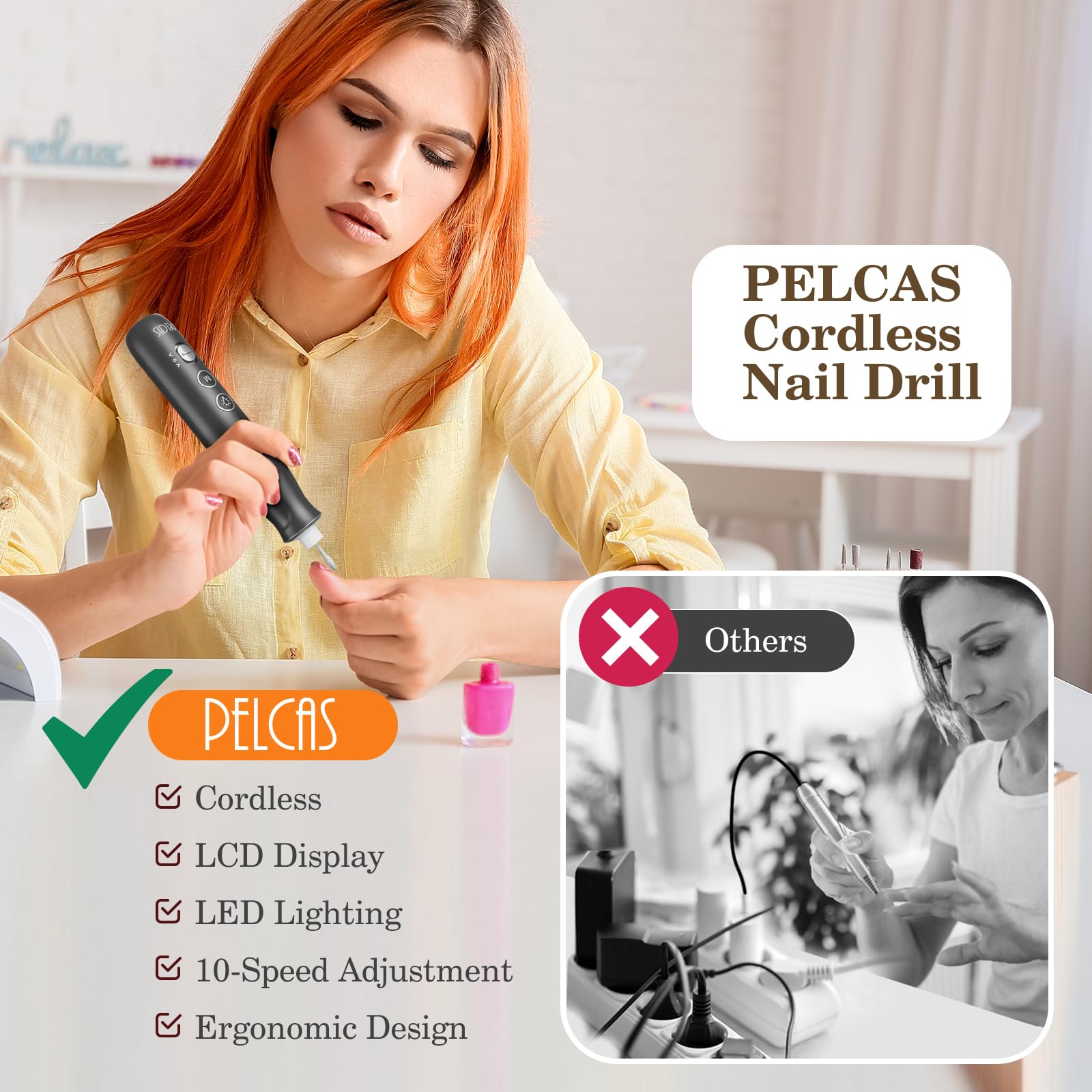 Pelcas nail file LCD display shows speed and power at a glance.