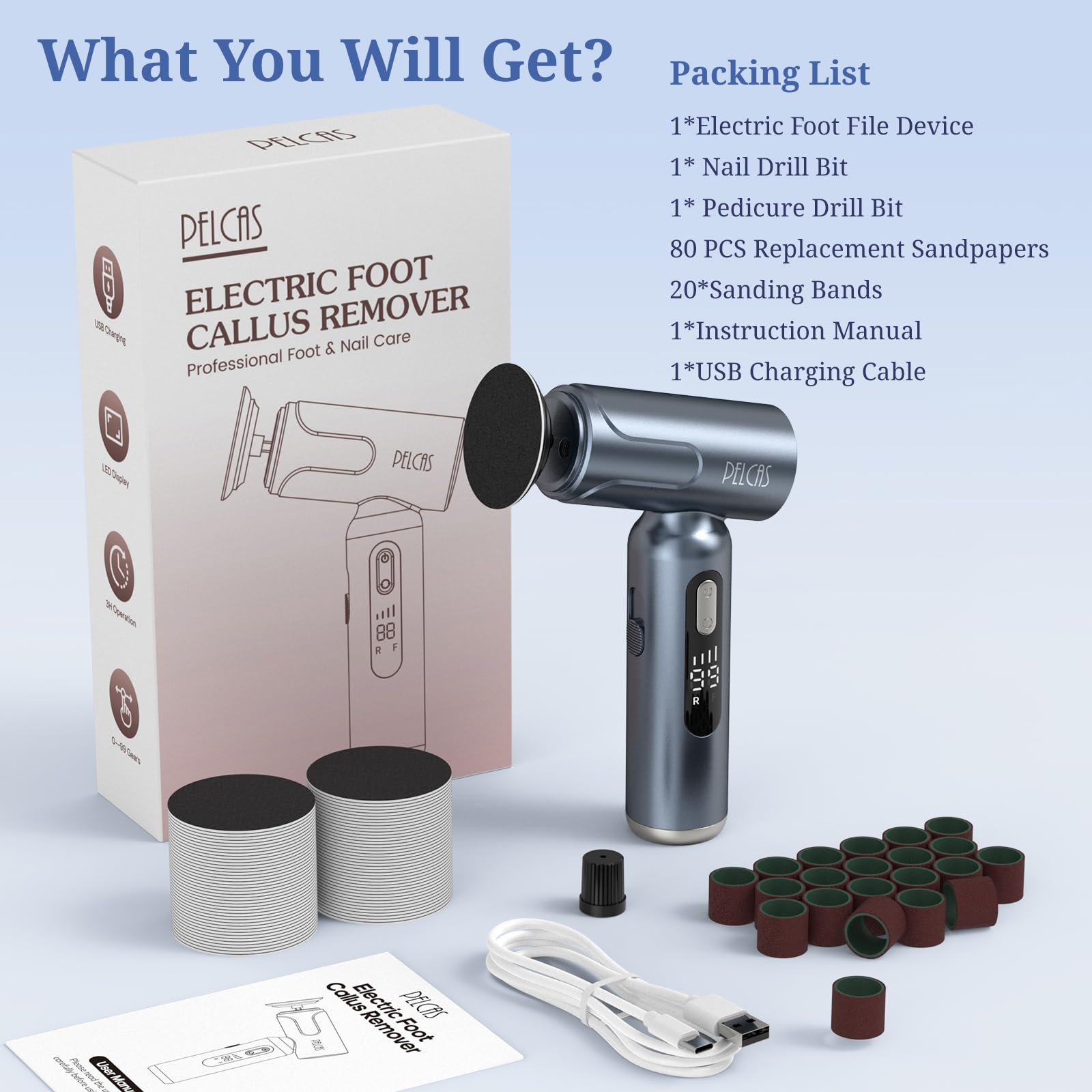 PELCAS USB charging cable included for easy power on the go