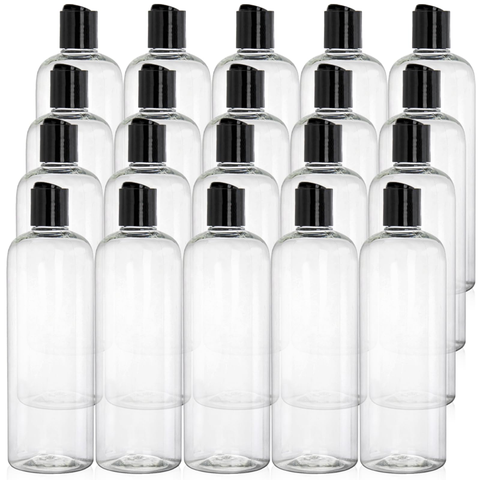 Peohud 20-pack 16oz clear bottles with disc-top caps for organized home or travel use.