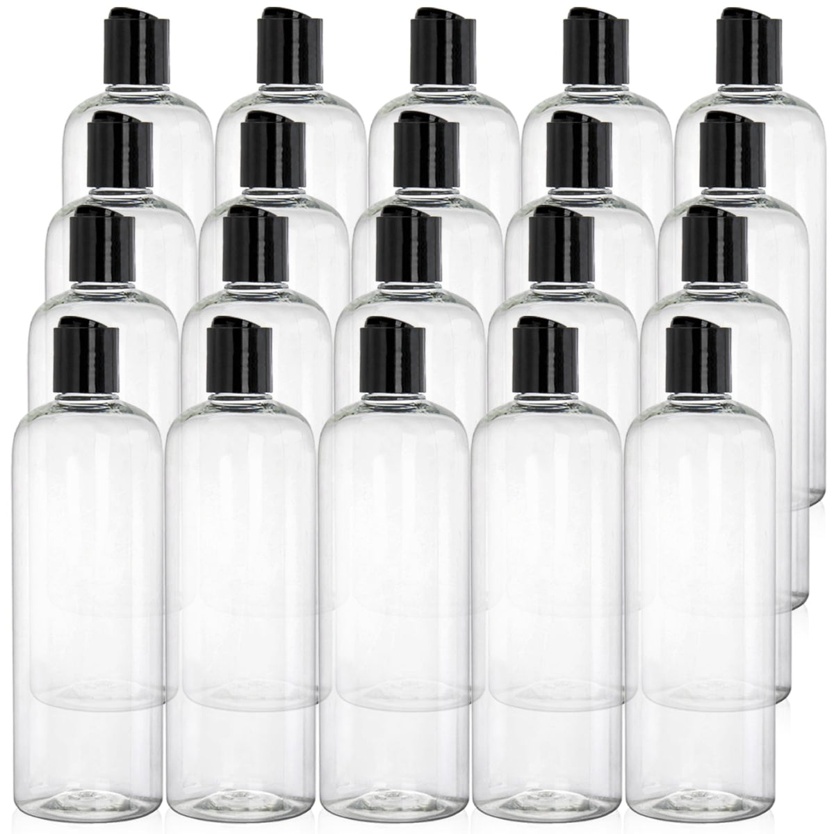 Peohud 20-pack 16oz clear bottles with disc-top caps for organized home or travel use.