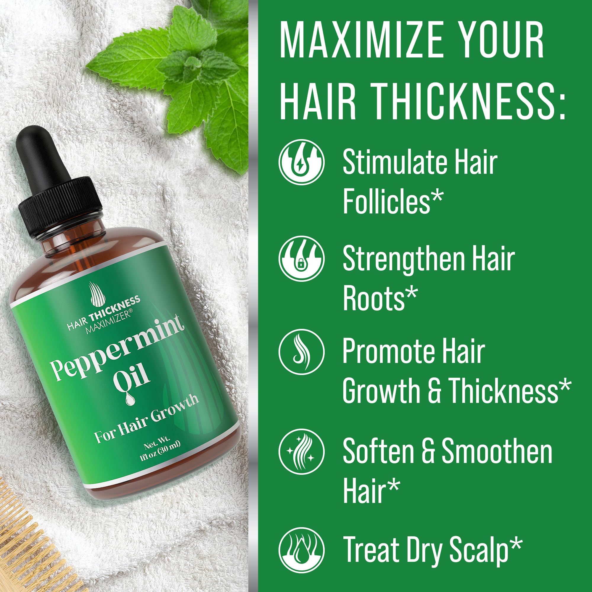 Hair Thickness Maximizer peppermint oil drops close-up.