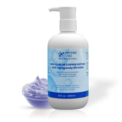 PeptideLabz copper peptide body lotion bottle for daily firming and hydration.