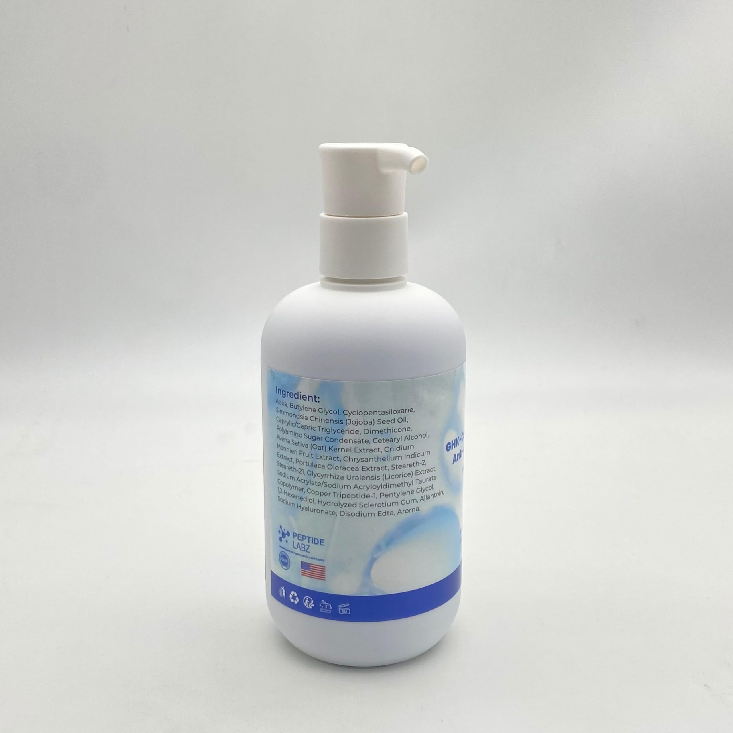PeptideLabz copper peptide body lotion hyaluronic acid detail emphasizes moisture support.