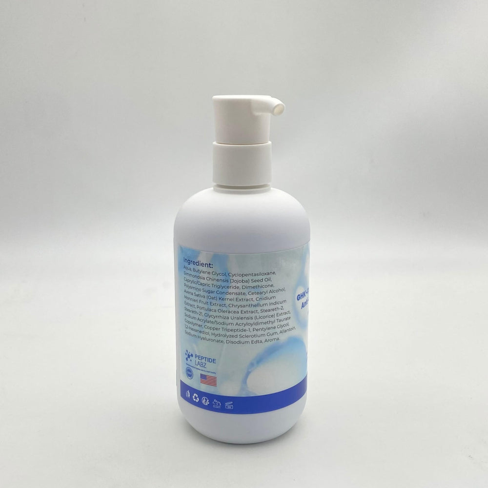 PeptideLabz copper peptide body lotion hyaluronic acid detail emphasizes moisture support.