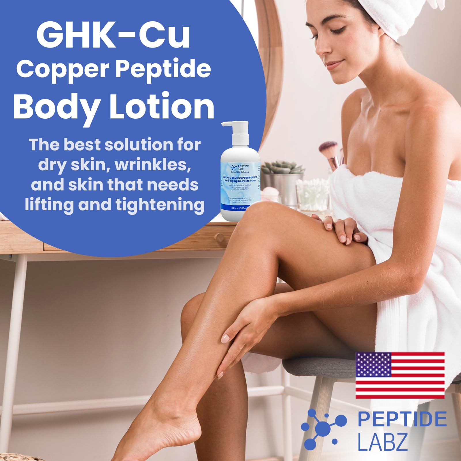 PeptideLabz copper peptide body lotion nonsticky finish on dry skin.