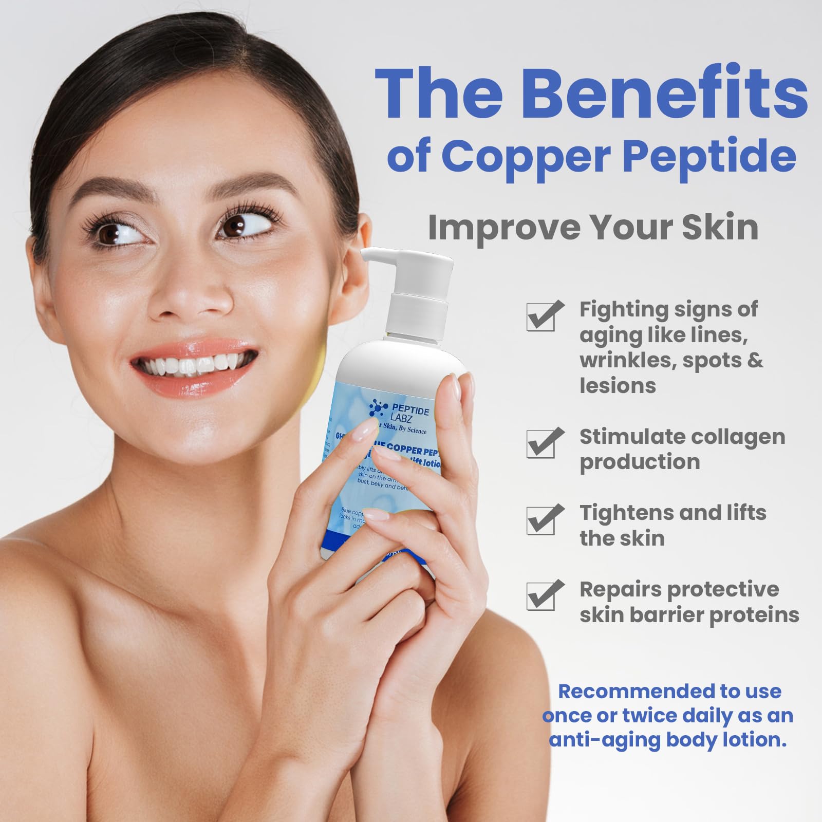 PeptideLabz copper peptide body lotion pump closeup highlights quick-absorbing formula.