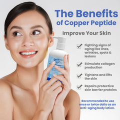 PeptideLabz copper peptide body lotion pump closeup highlights quick-absorbing formula.