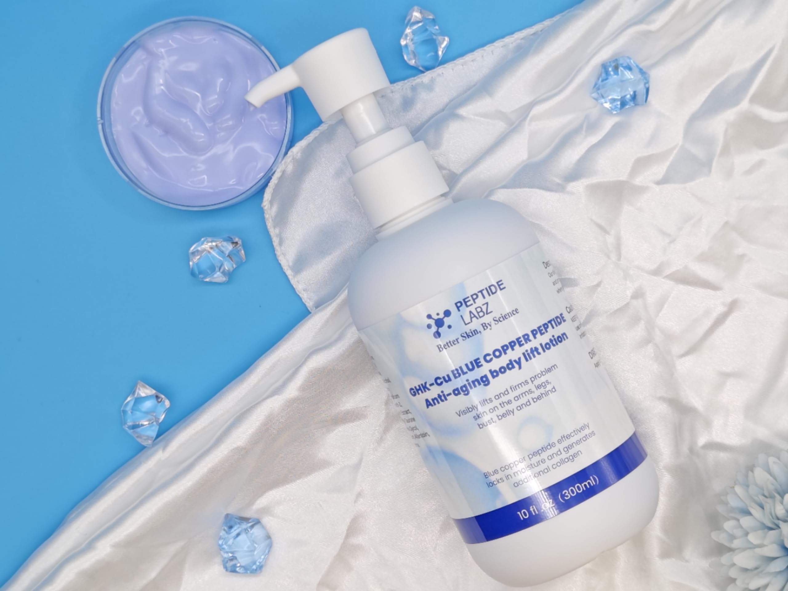 PeptideLabz copper peptide body lotion spread-on-skin delivers smooth hydration.