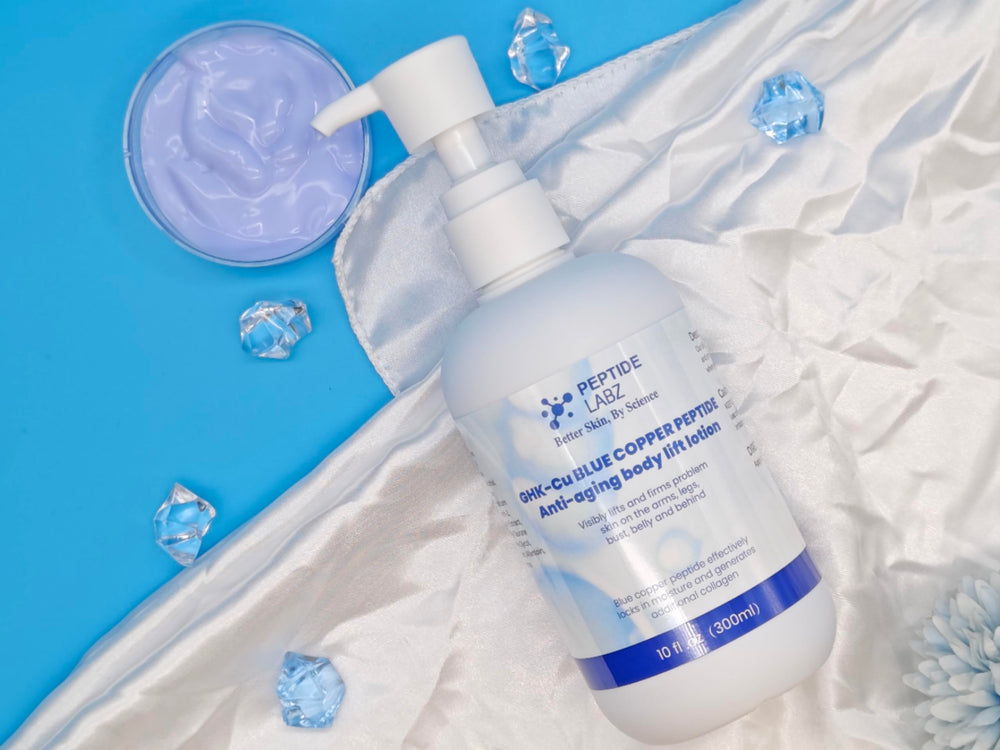 PeptideLabz copper peptide body lotion spread-on-skin delivers smooth hydration.