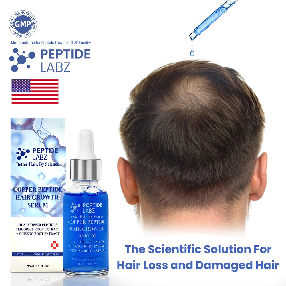 PeptideLabz Dropper dispensing drops on scalp shows easy 3 to 6 drop application.