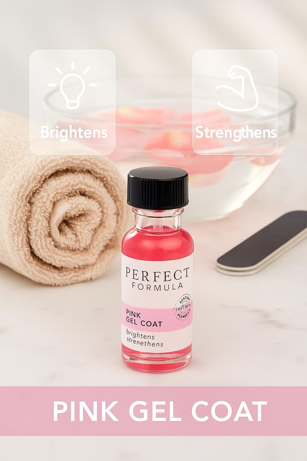 Hand holding Perfect Formula Pink Gel Coat bottle for at-home manicure.