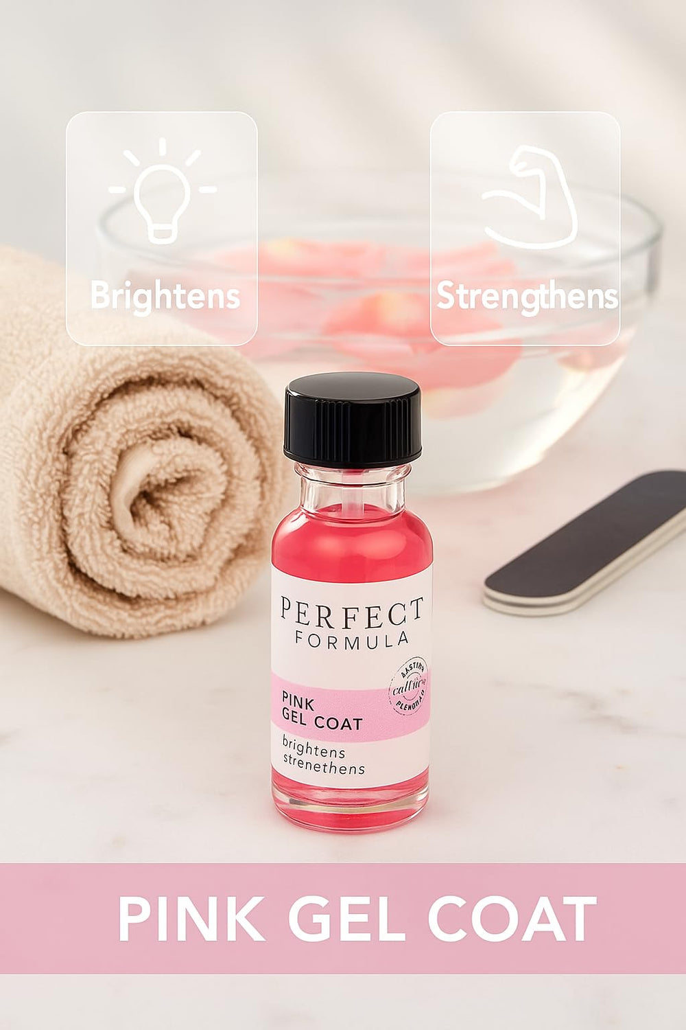 Hand holding Perfect Formula Pink Gel Coat bottle for at-home manicure.
