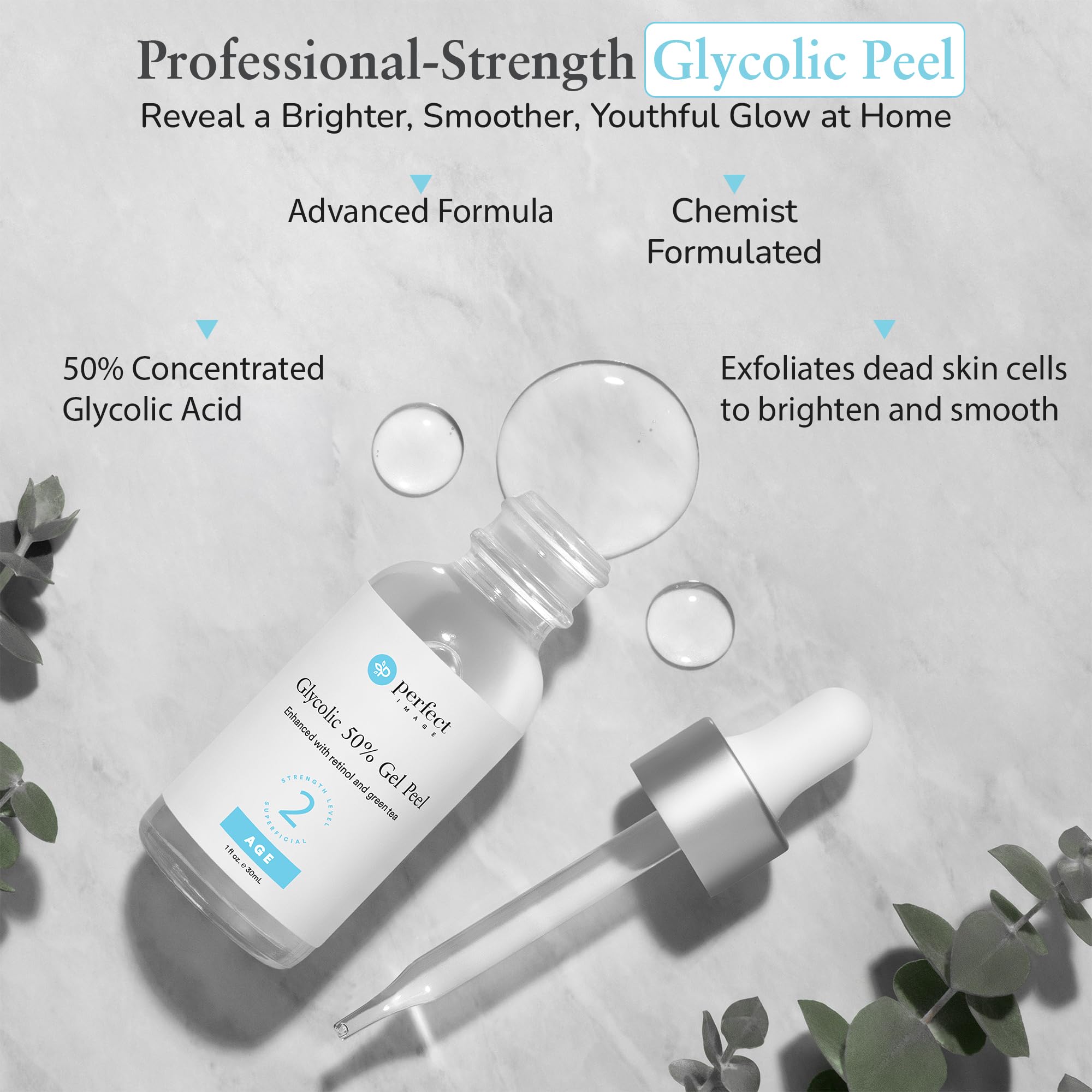 Perfect Image Glycolic 50% Gel Peel application card demonstrates at‑home use.