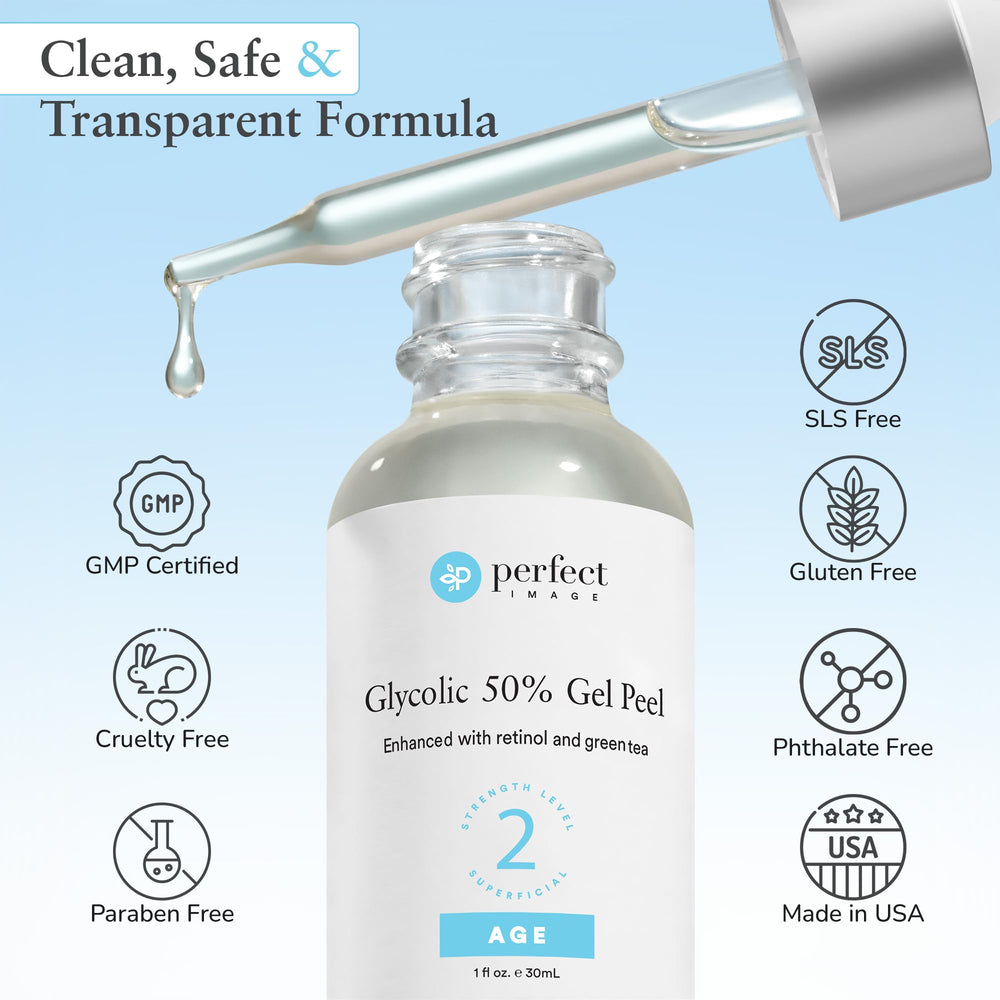 Perfect Image Glycolic 50% Gel Peel packaging highlights premium formulation.