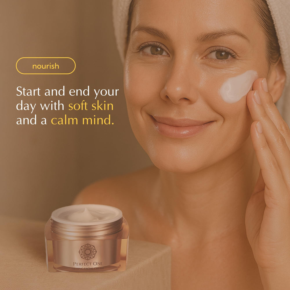 PERFECT ONE Japan-crafted skincare bottle on vanity conveys luxury routine.