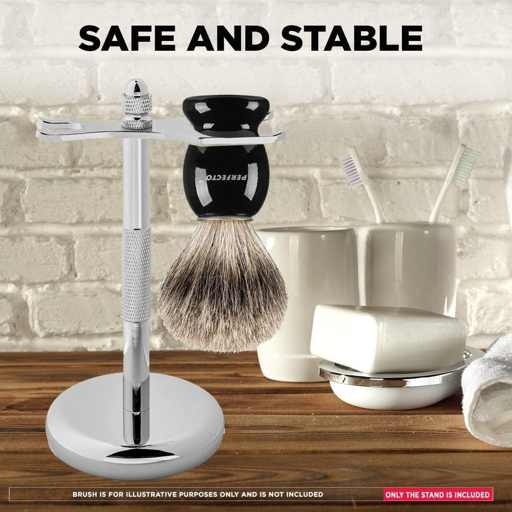 Perfecto Deluxe black razor stand on bathroom counter enables easy access between passes