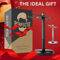 Perfecto Deluxe black razor stand close-up shows rubber non-slip sole protecting surfaces