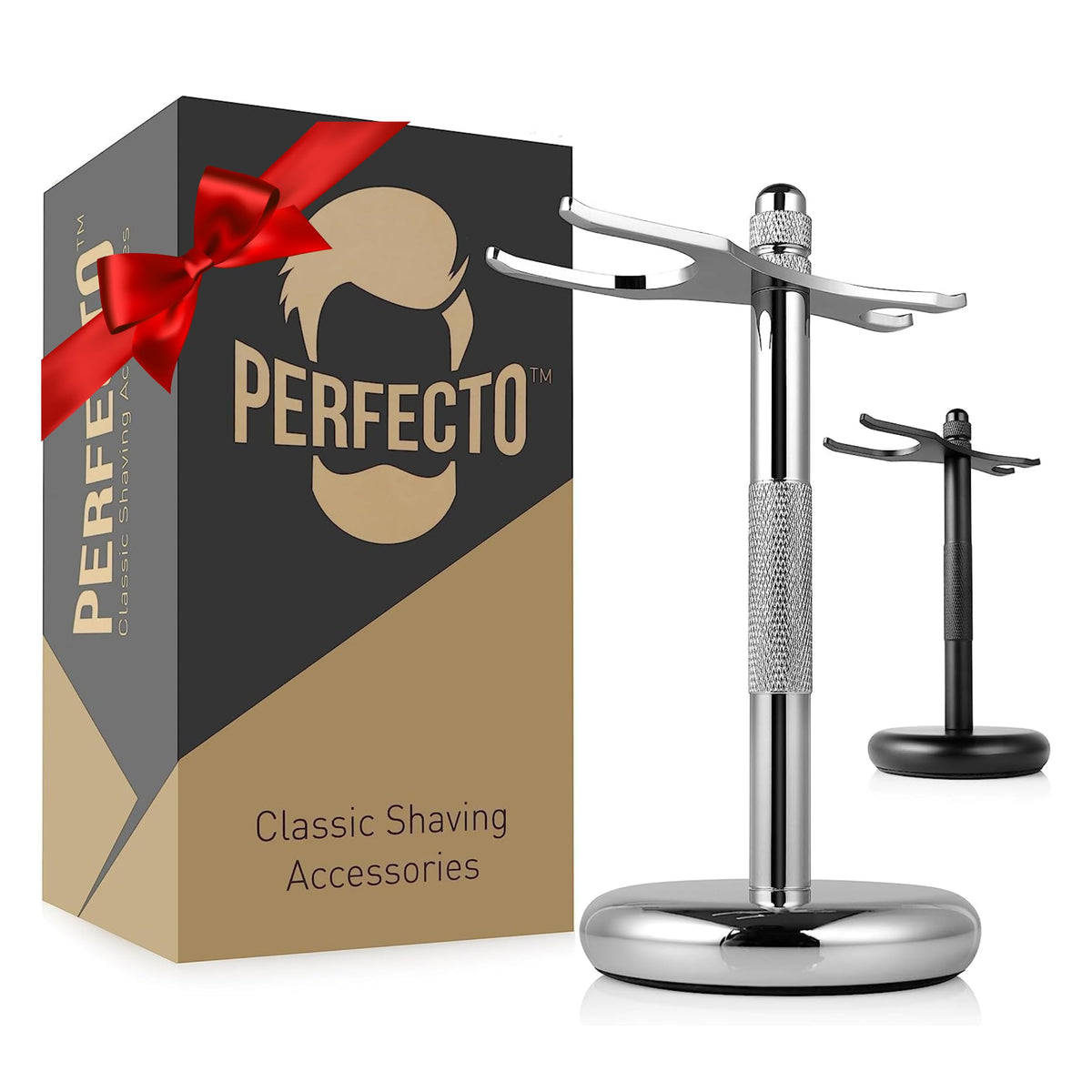 Perfecto Deluxe Chrome, vista general del soporte para afeitado y brochas