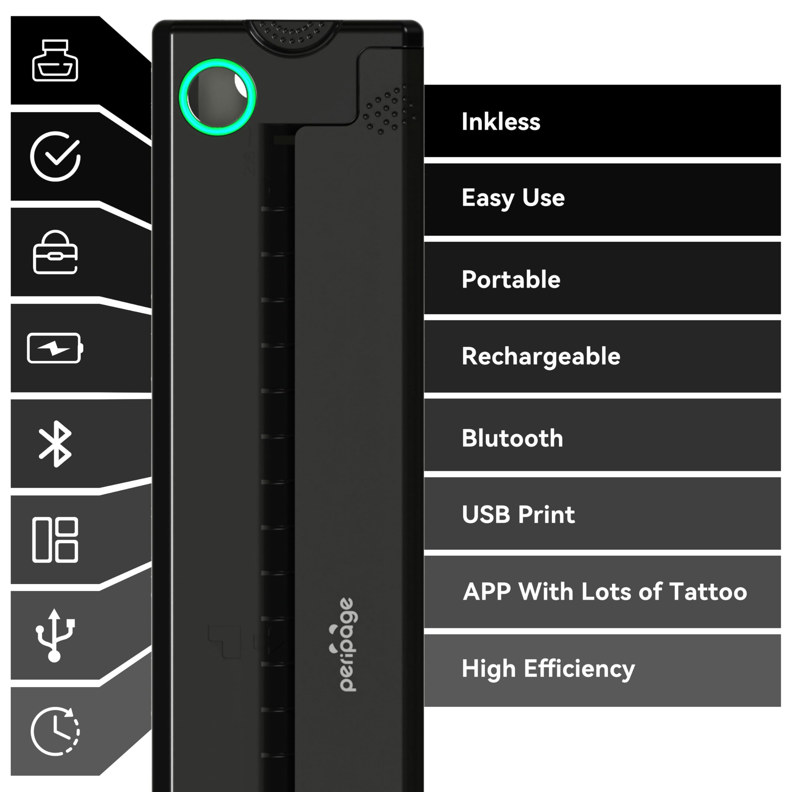 PeriPage P90 battery overview shows 200-page-per-charge capability for portable sessions.