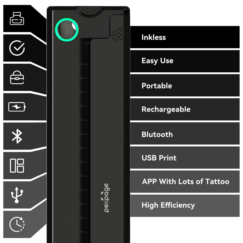 PeriPage P90 battery overview shows 200-page-per-charge capability for portable sessions.