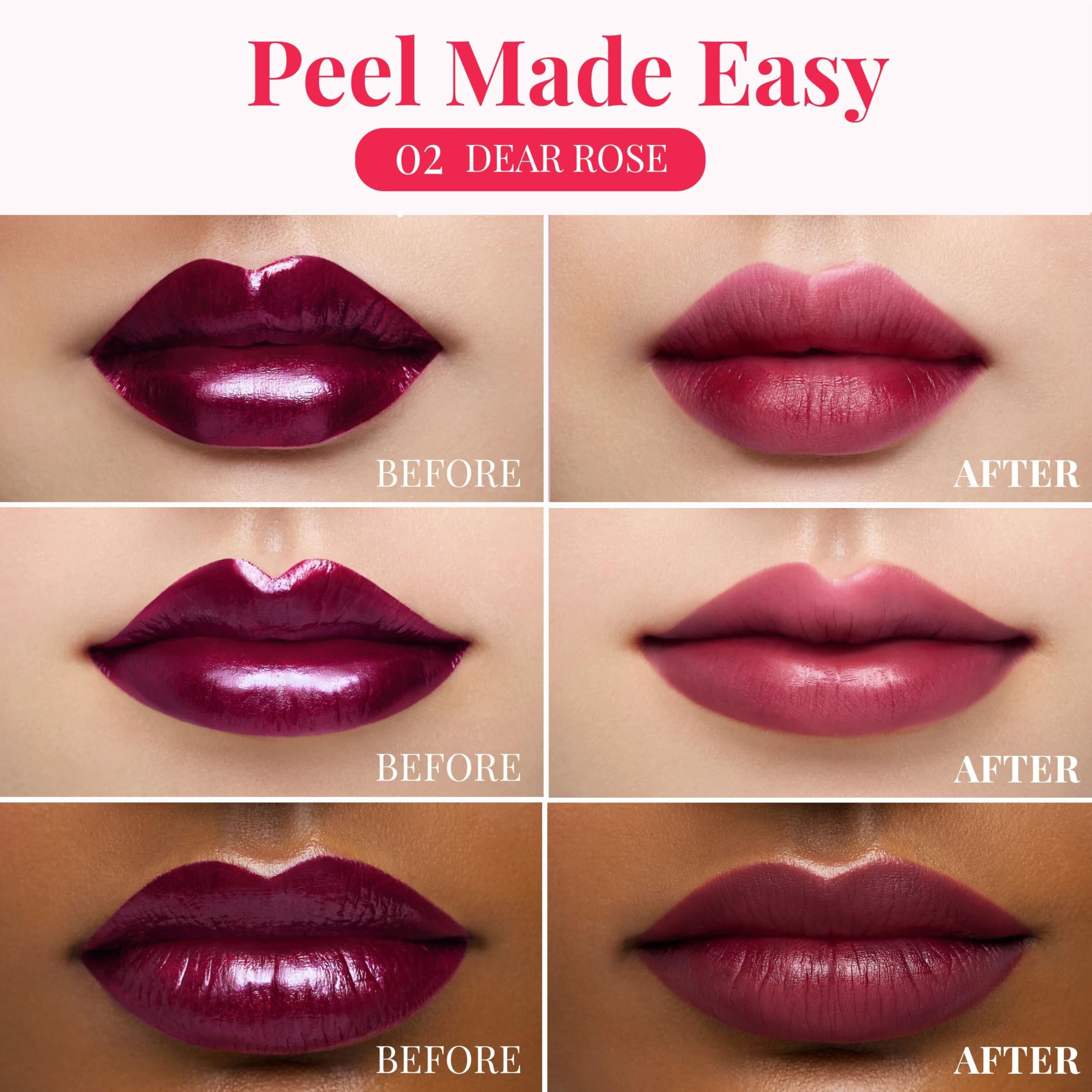 Peripera Ink Peel Off Lip Stain peel-off removal shown with no residue.