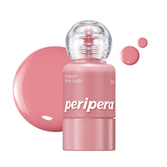 Peripera Syrupy Tok Cheek bottle close-up shows dewy finish for natural flush.