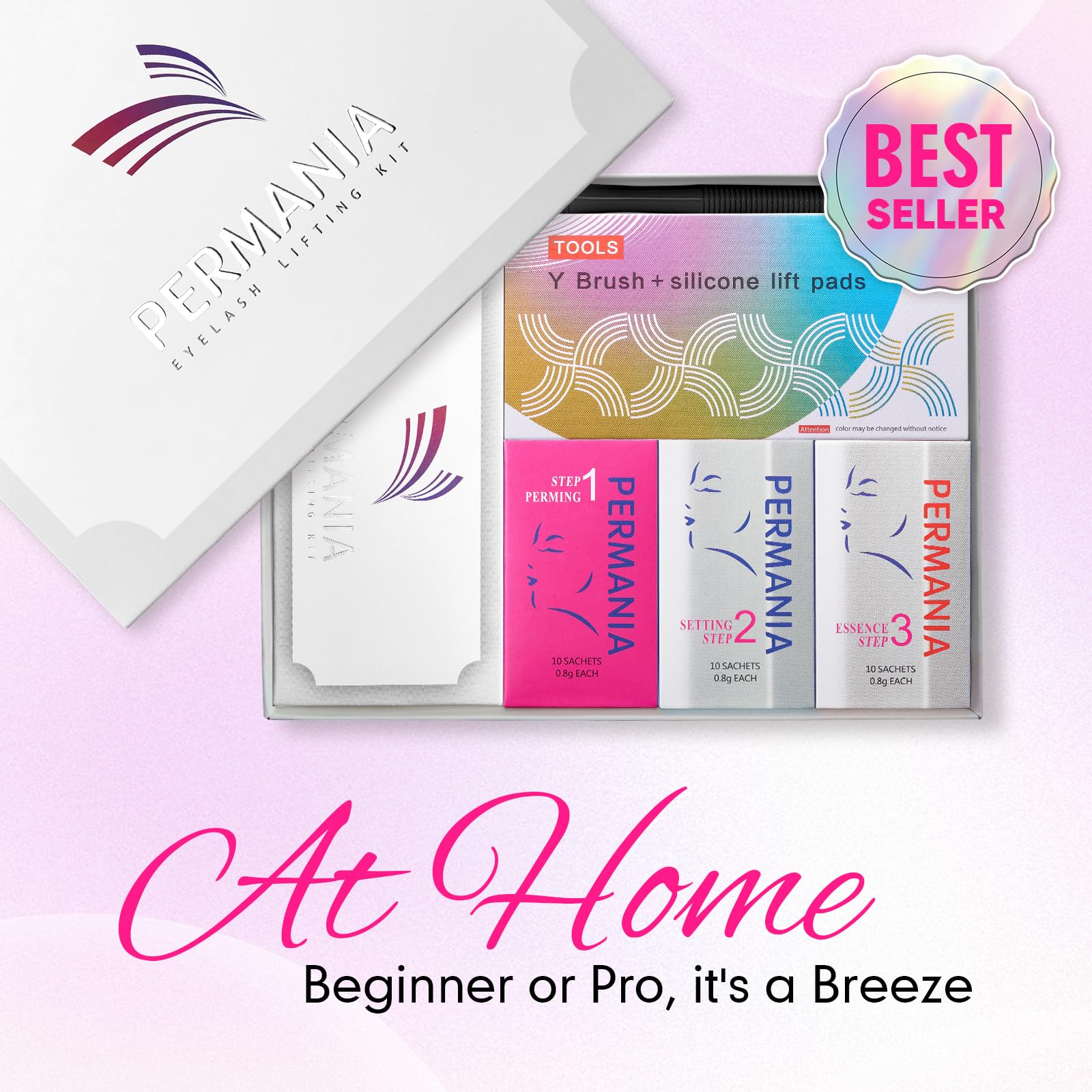 PERMANIA lash lift kit cleanser and lift pads prep lashes for precise shaping.