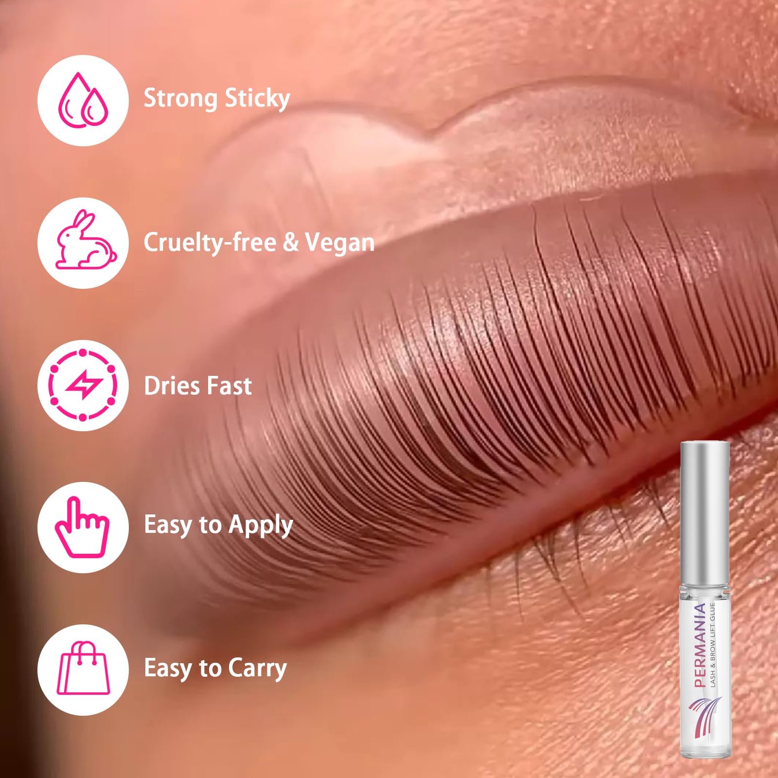 PERMANIA lash lift kit shows strong glue for secure lash adhesion and easy removal.