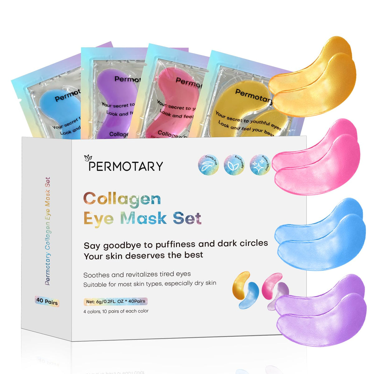 Permotary under-eye patches 40-pair package with four color options for hydration.