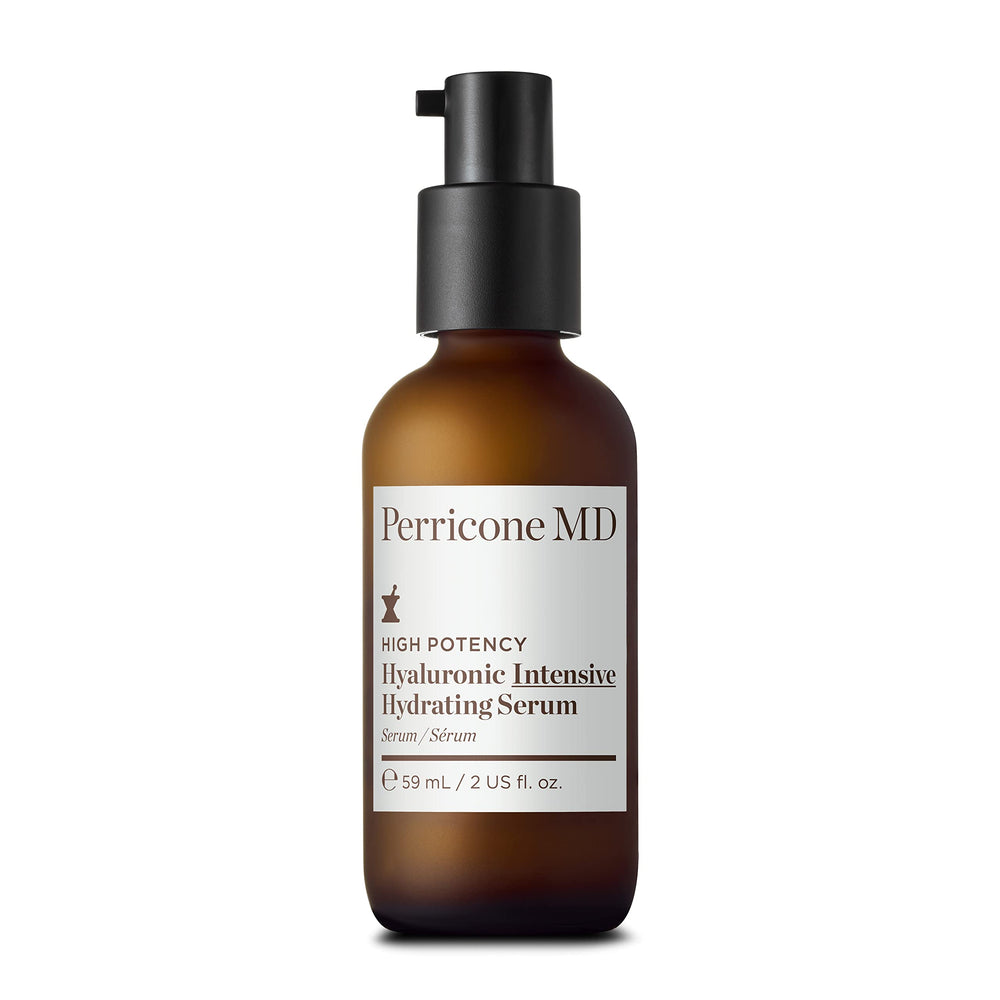 Perricone MD High Potency Hyaluronic Serum bottle shows hydration focus and plump skin potential.