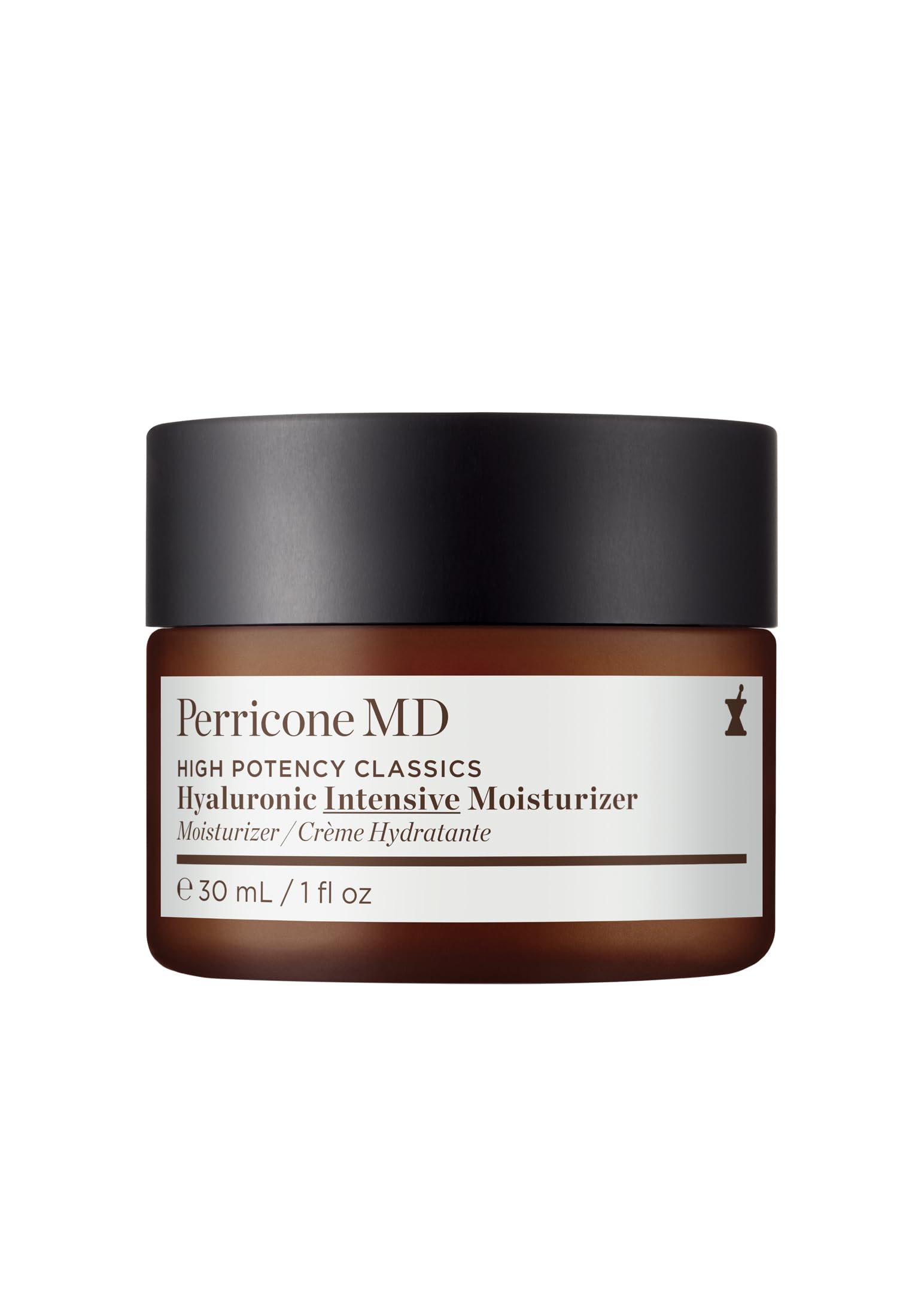 Perricone MD Hyaluronic Intensive Moisturizer bottle shows lasting hydration with oil-free formula.