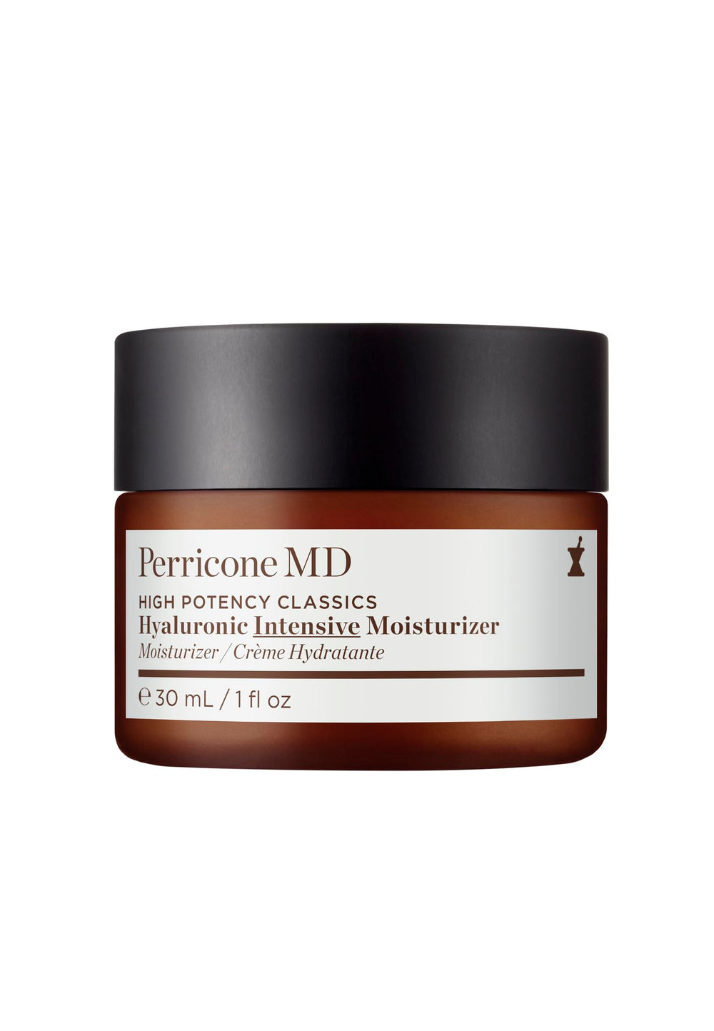 Perricone MD Hyaluronic Intensive Moisturizer bottle shows lasting hydration with oil-free formula.
