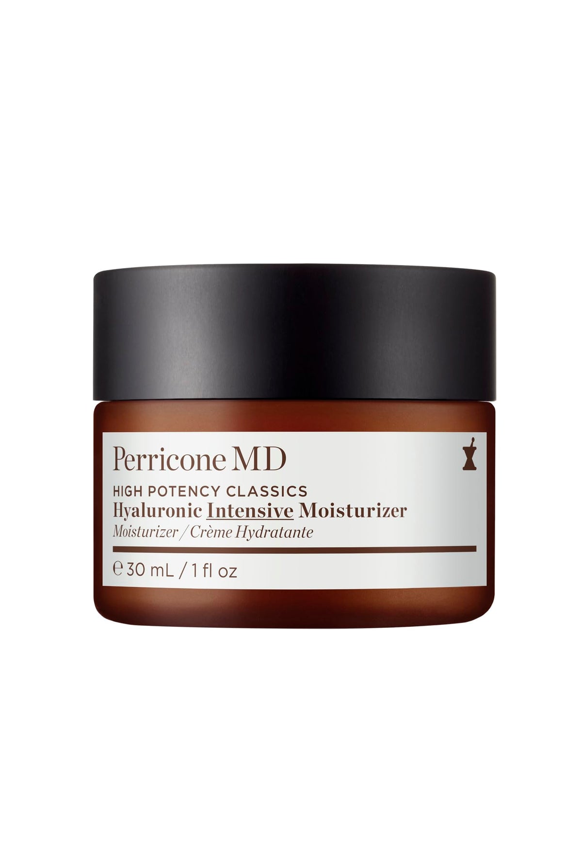 Perricone MD Hyaluronic Intensive Moisturizer bottle shows lasting hydration with oil-free formula.
