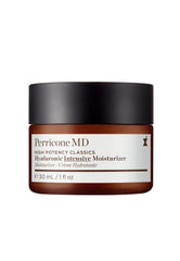 Perricone MD Hyaluronic Intensive Moisturizer bottle shows lasting hydration with oil-free formula.