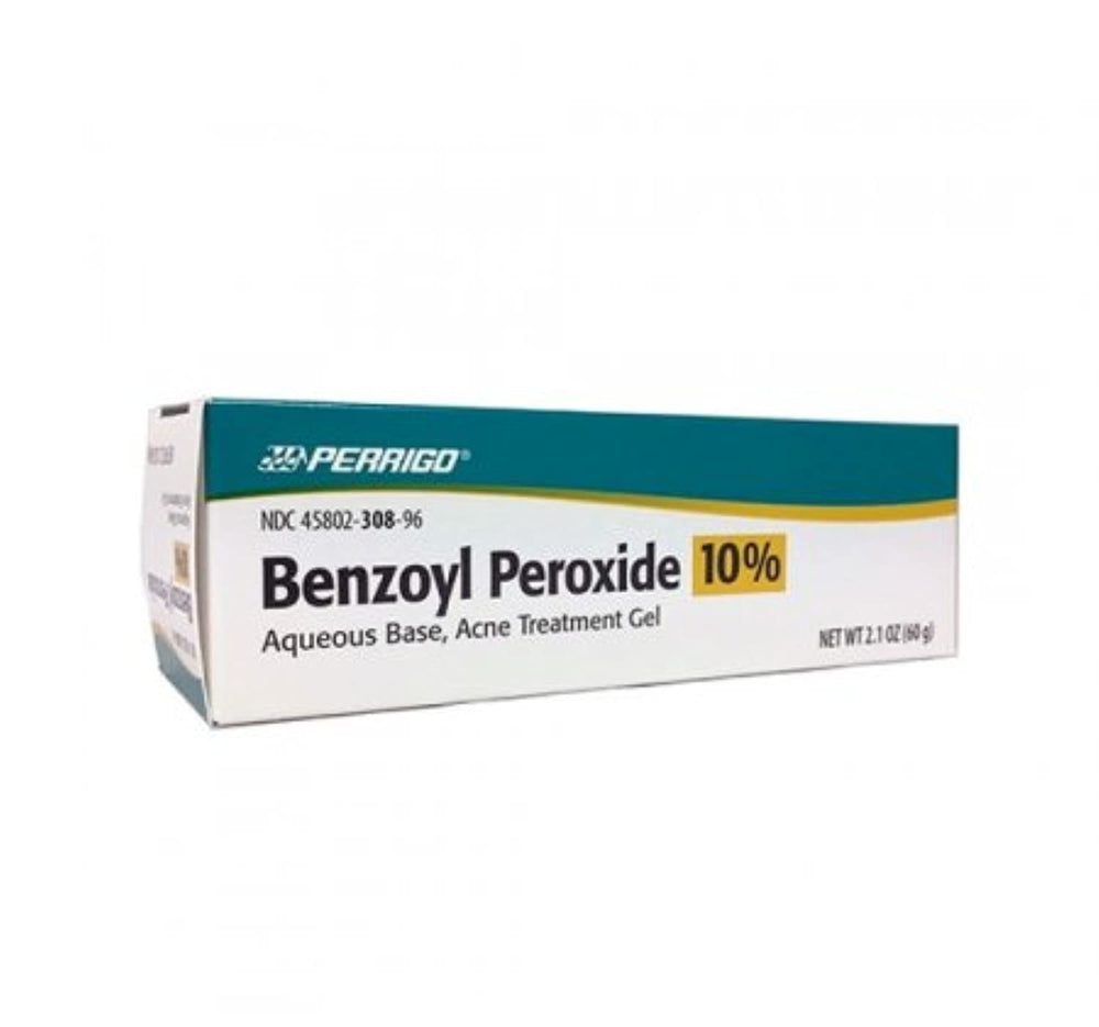 Perrigo 10% benzoyl peroxide gel tube ready for nightly spot care.