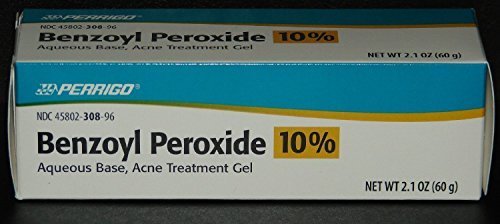 Perrigo acne treatment gel packaging shows 2.1 oz tube for daily use.