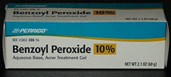 Perrigo acne treatment gel packaging shows 2.1 oz tube for daily use.