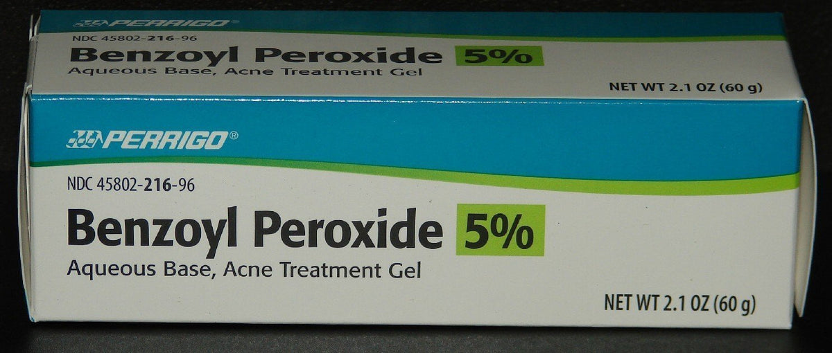 Perrigo benzoyl peroxide acne gel 60g tube packaging for targeted acne care and clearer-looking skin